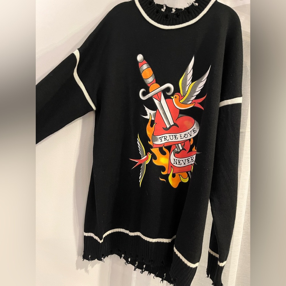 “Dolls Kill” BLACK Oversized sweater w/graphic, distressed, pull-over, SZ LARGE